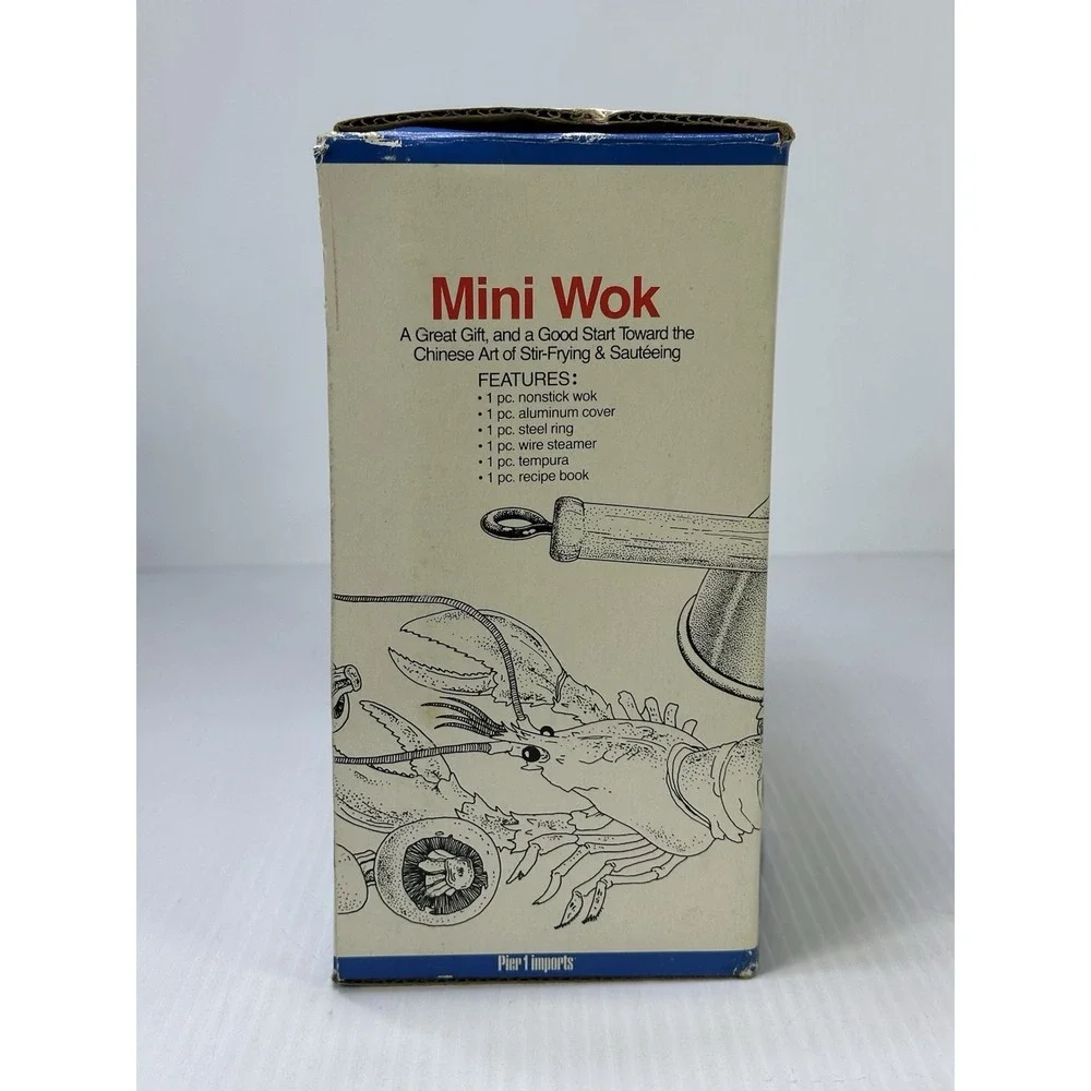 Vintage Pier 1 Mini Wok 6 Piece Nonstick Wok Lid Ring Steamer Tempura Book NOS